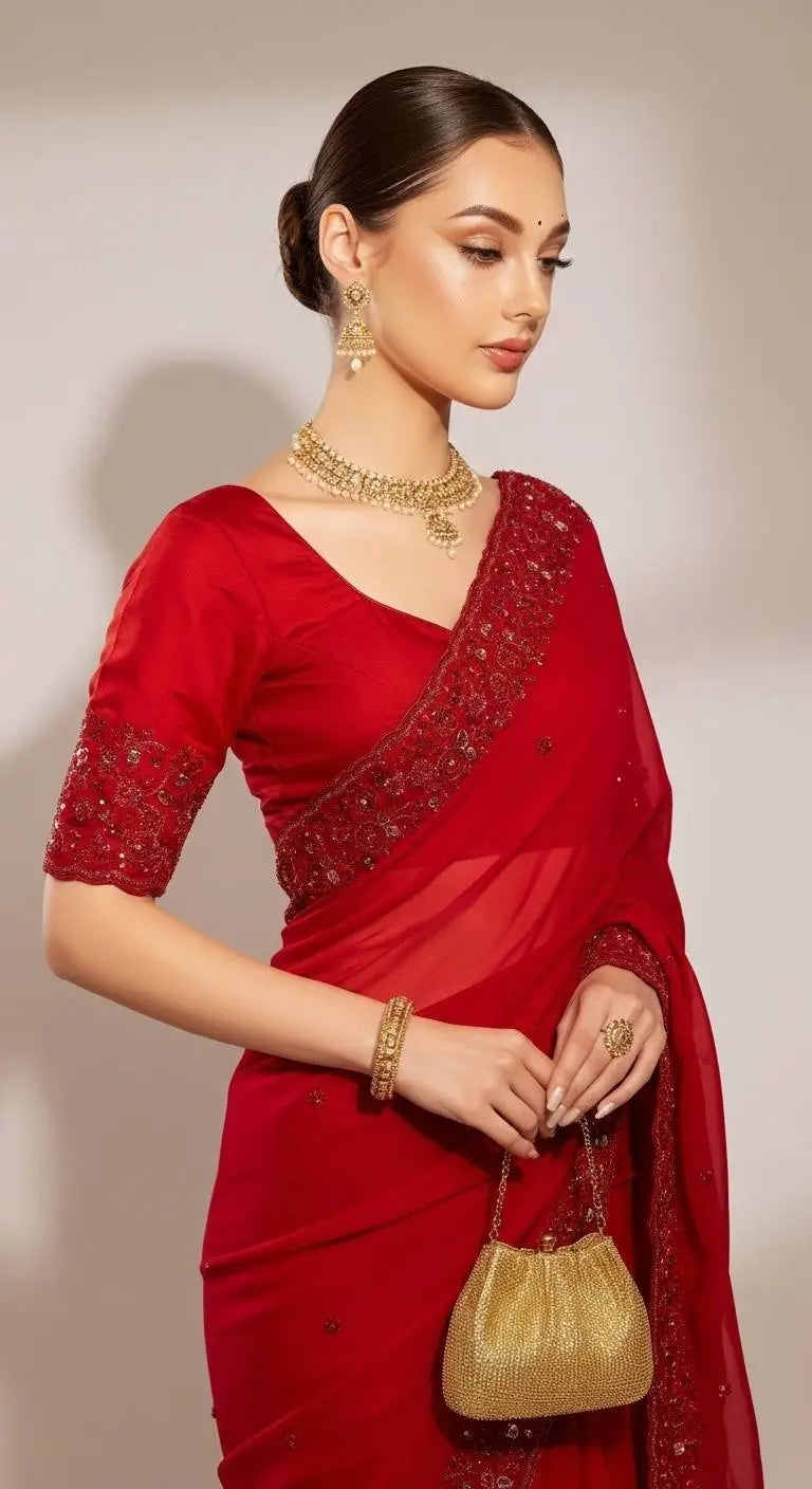 Red Satin Silk Embroidered Designer Saree with Blouse