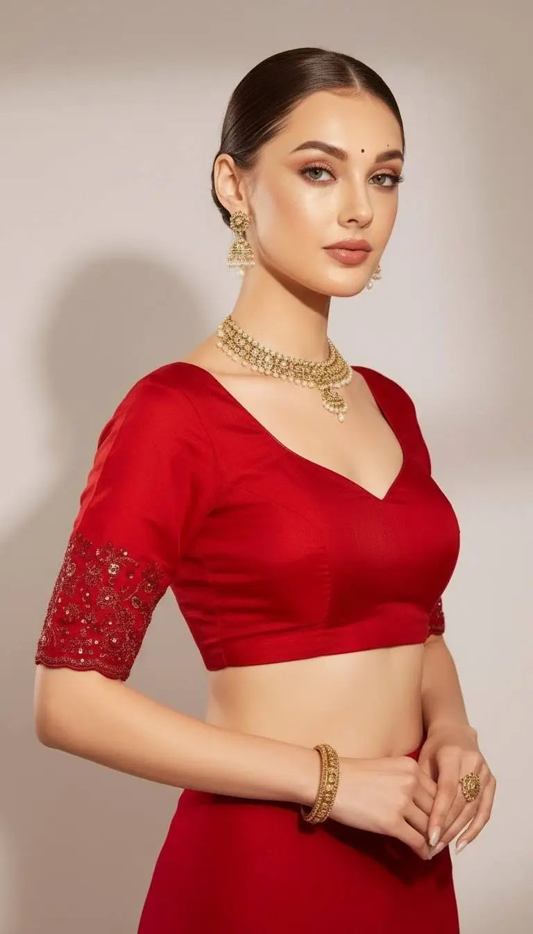 Red Satin Silk Embroidered Designer Saree with Blouse