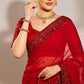 Red Satin Silk Embroidered Designer Saree with Blouse