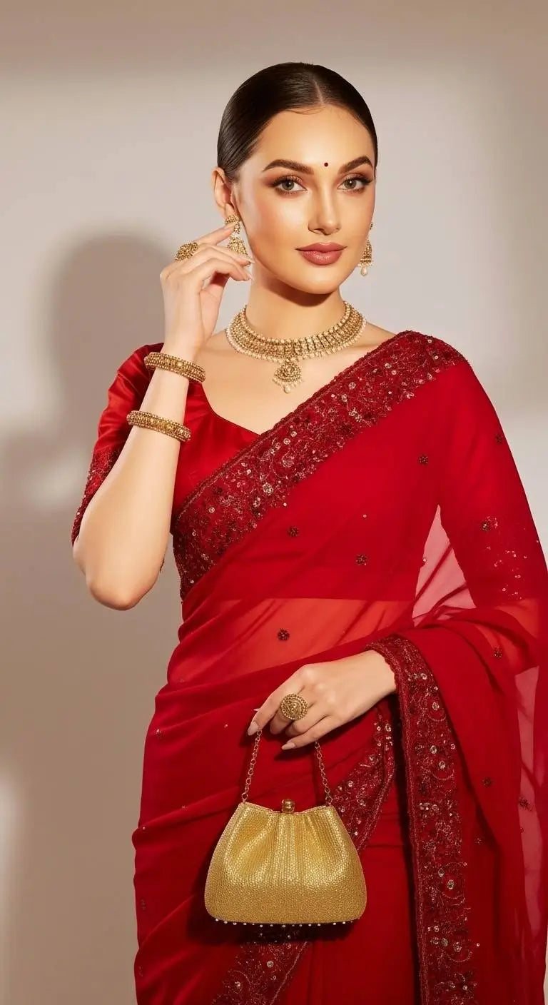 Red Satin Silk Embroidered Designer Saree with Blouse