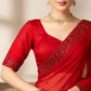 Red Satin Silk Embroidered Designer Saree with Blouse