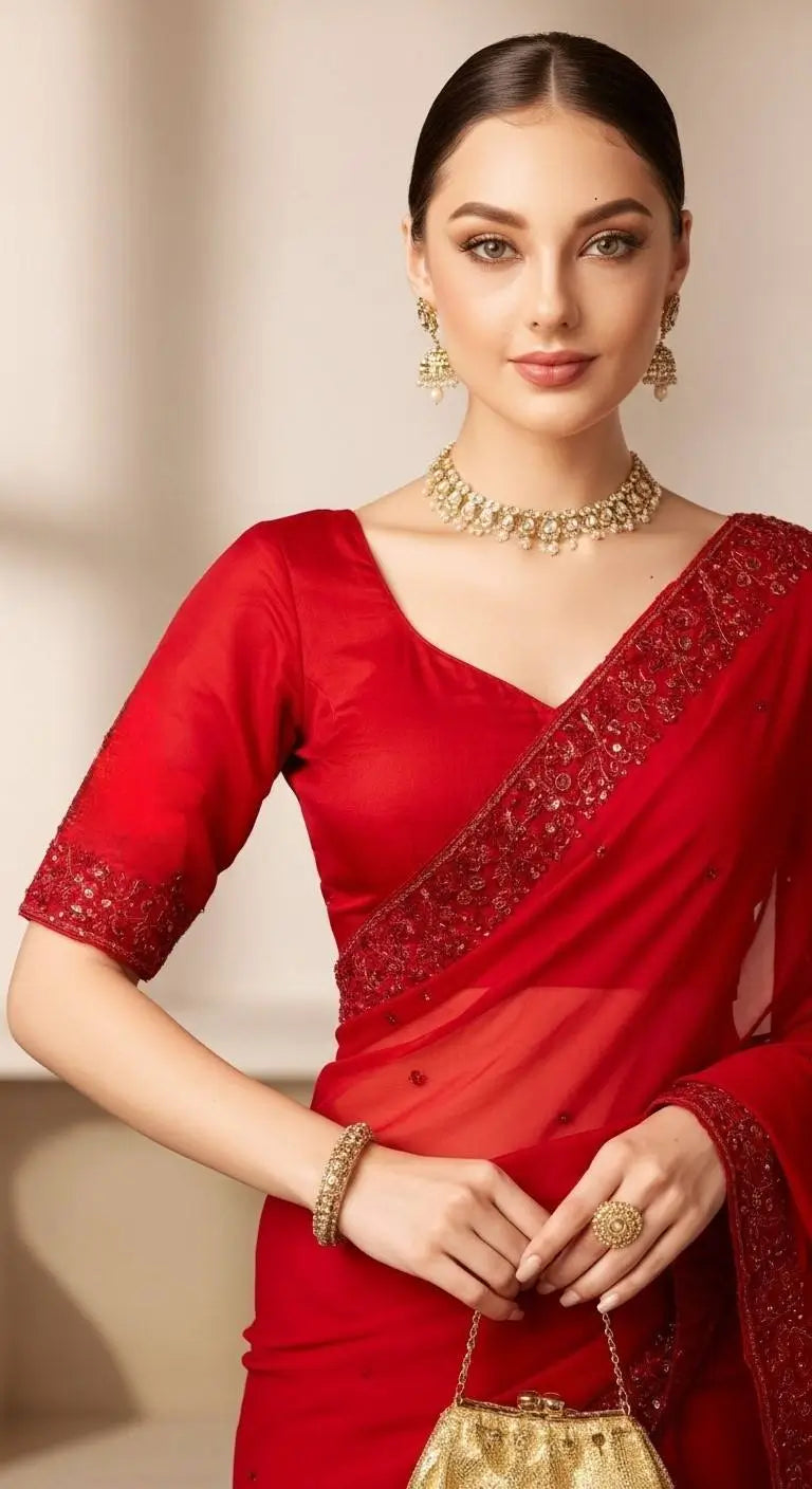 Red Satin Silk Embroidered Designer Saree with Blouse