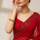 Red Satin Silk Embroidered Designer Saree with Blouse