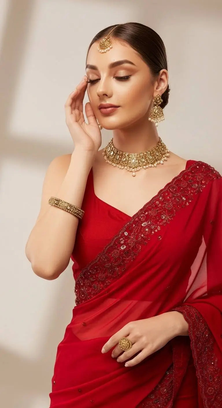 Red Satin Silk Embroidered Designer Saree with Blouse