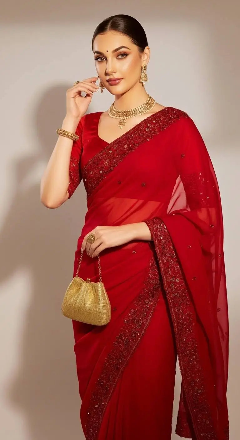 Red Satin Silk Embroidered Designer Saree with Blouse
