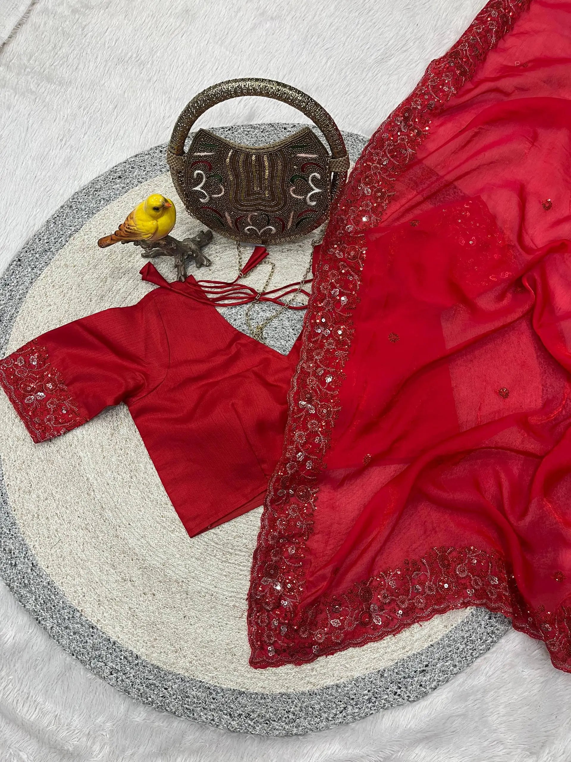 Red Satin Silk Embroidered Designer Saree with Blouse