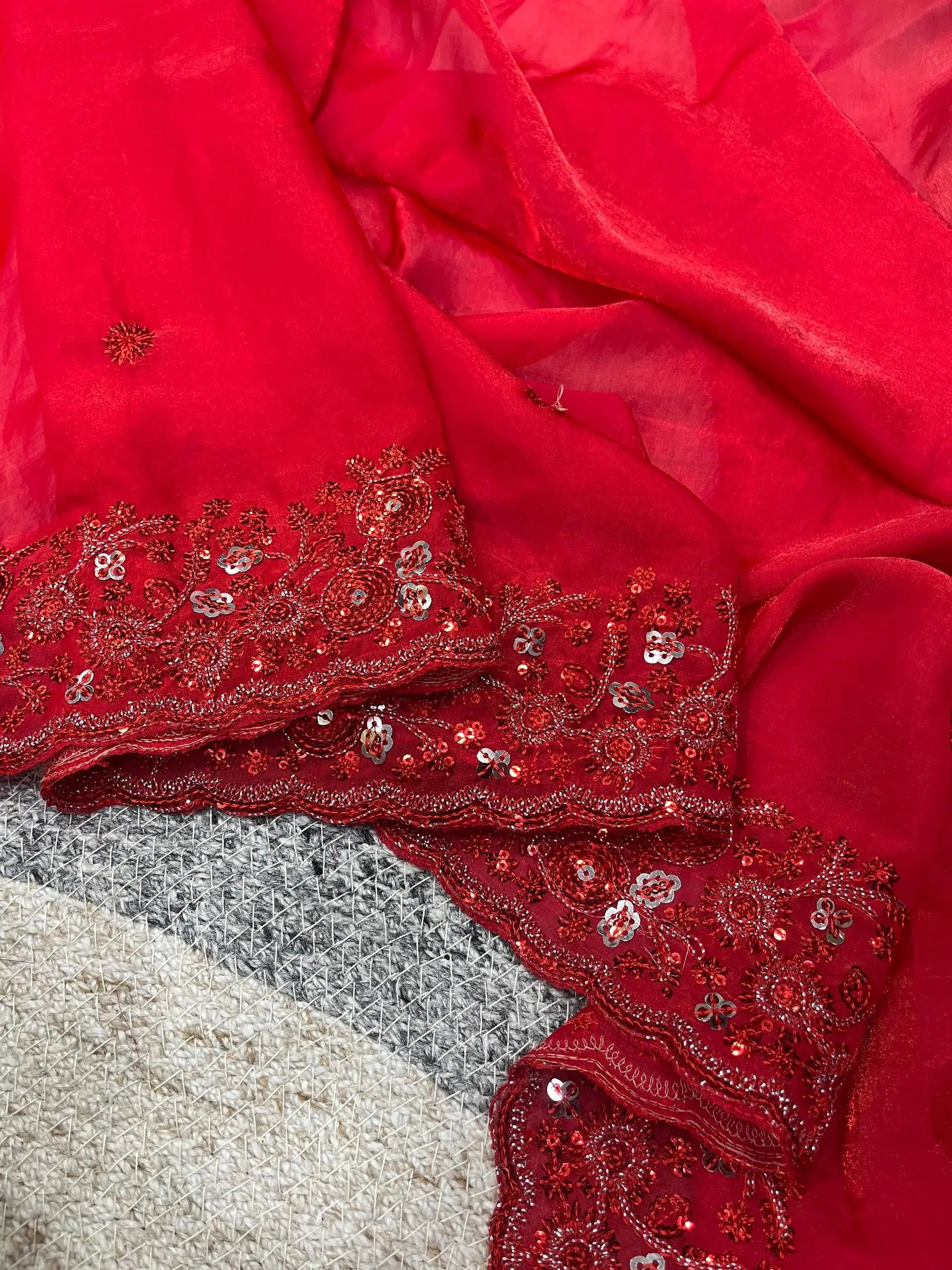 Red Satin Silk Embroidered Designer Saree with Blouse