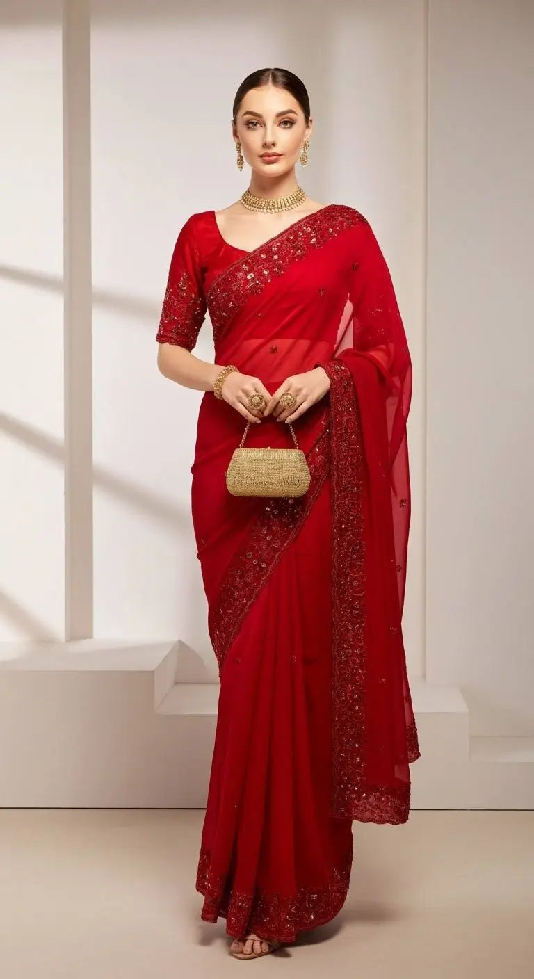 Red Satin Silk Embroidered Designer Saree with Blouse