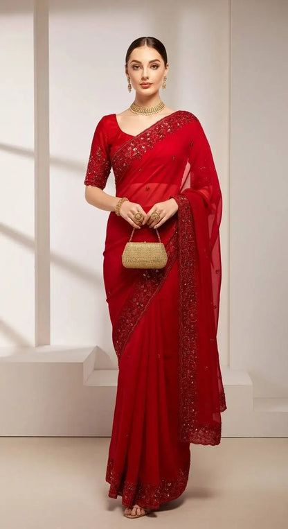 Red Satin Silk Embroidered Designer Saree with Blouse