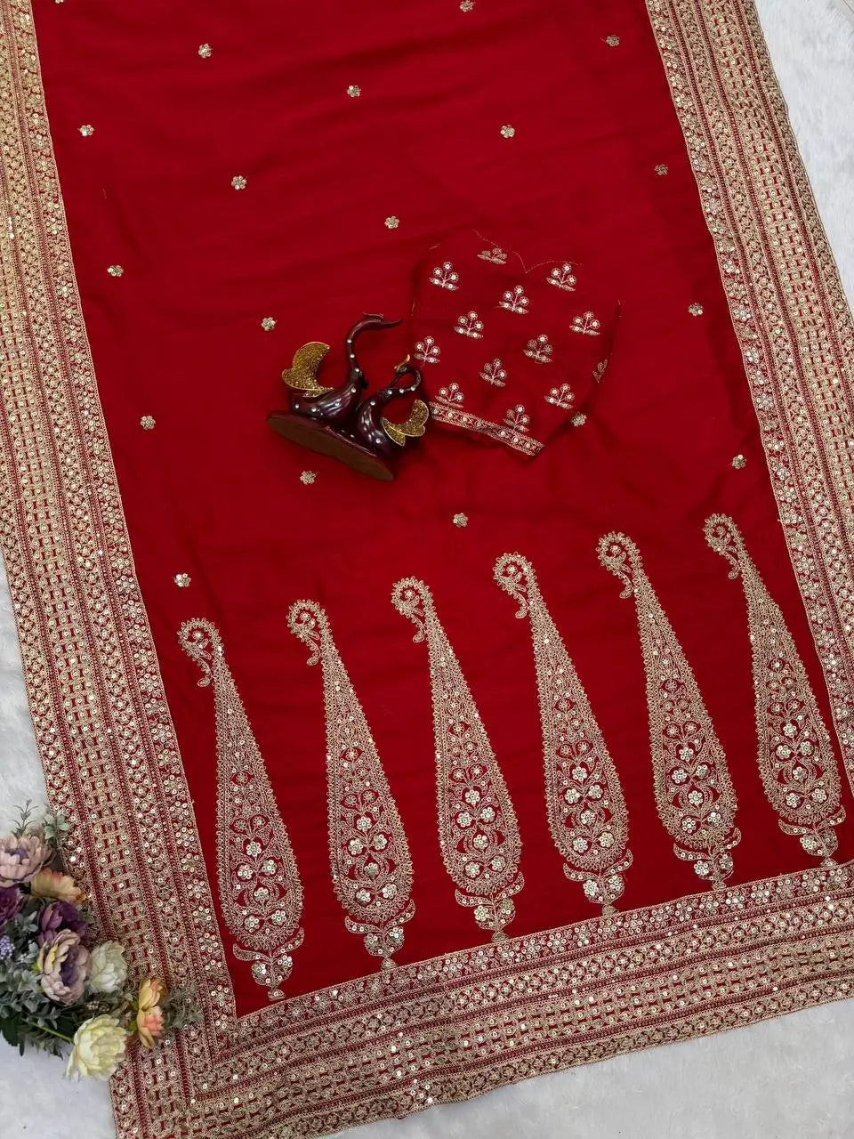 Red Sequin Dori Saree with Unstitched Blouse