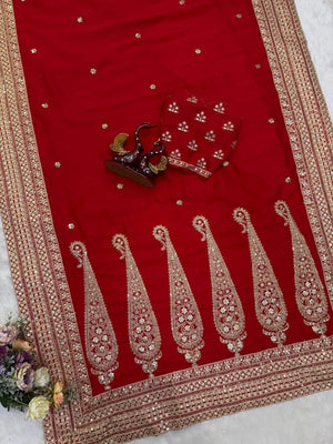 Red Sequin Dori Saree with Unstitched Blouse