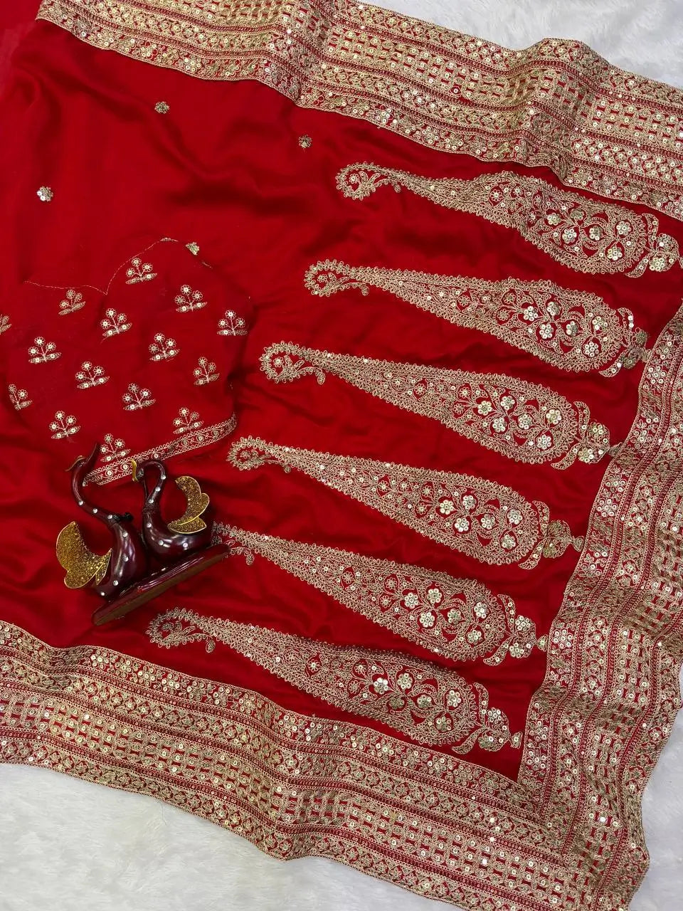 Red Sequin Dori Saree with Unstitched Blouse
