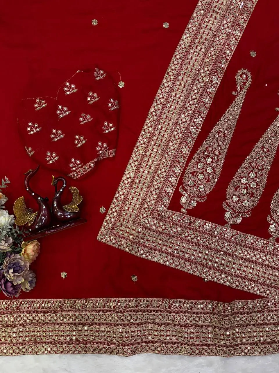 Red Sequin Dori Saree with Unstitched Blouse
