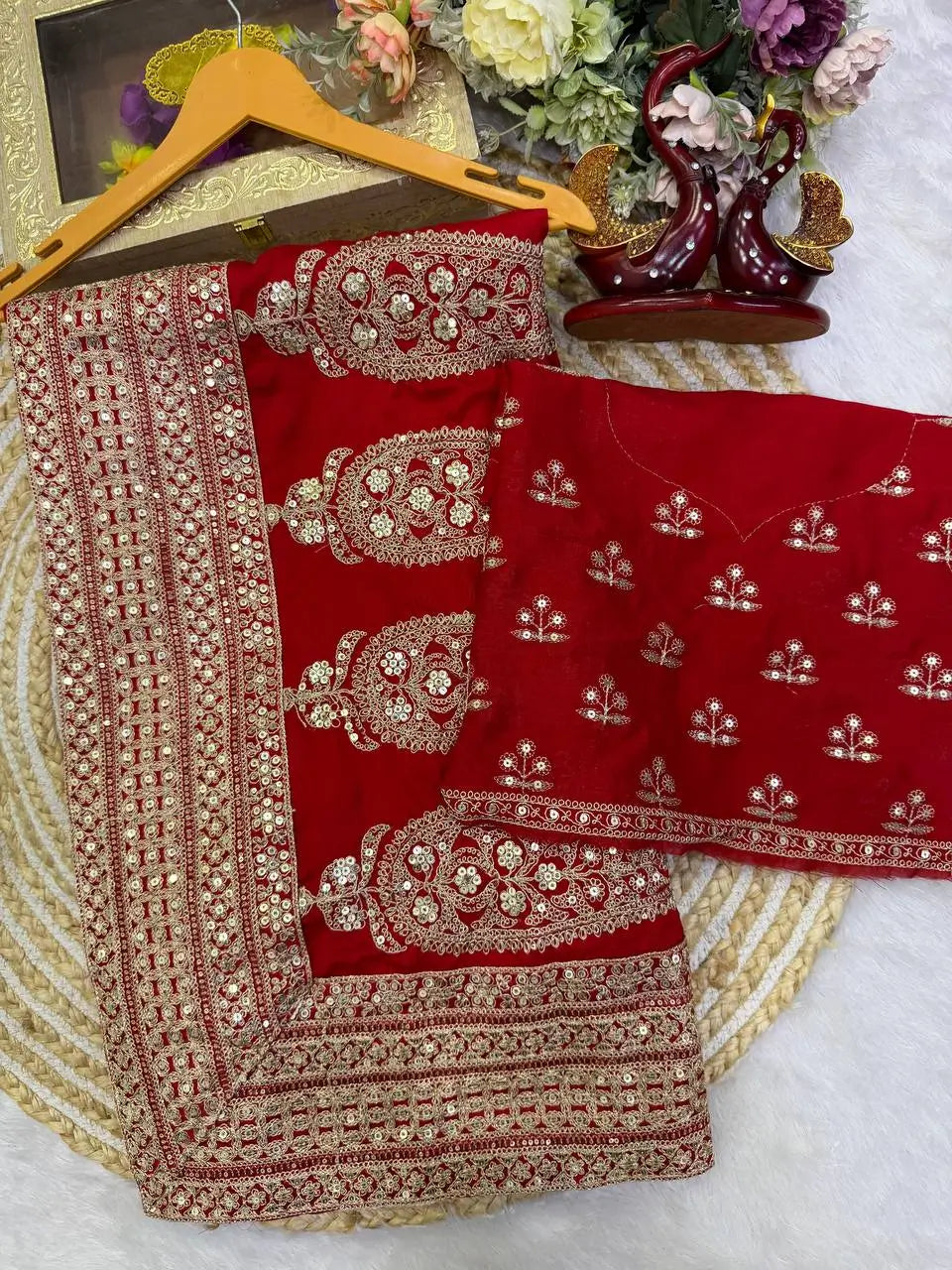 Red Sequin Dori Saree with Unstitched Blouse