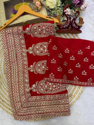 Red Sequin Dori Saree with Unstitched Blouse