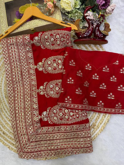 Red Sequin Dori Saree with Unstitched Blouse