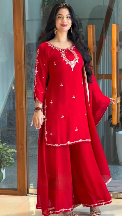 Red Sequin Embroidered Palazzo Suit