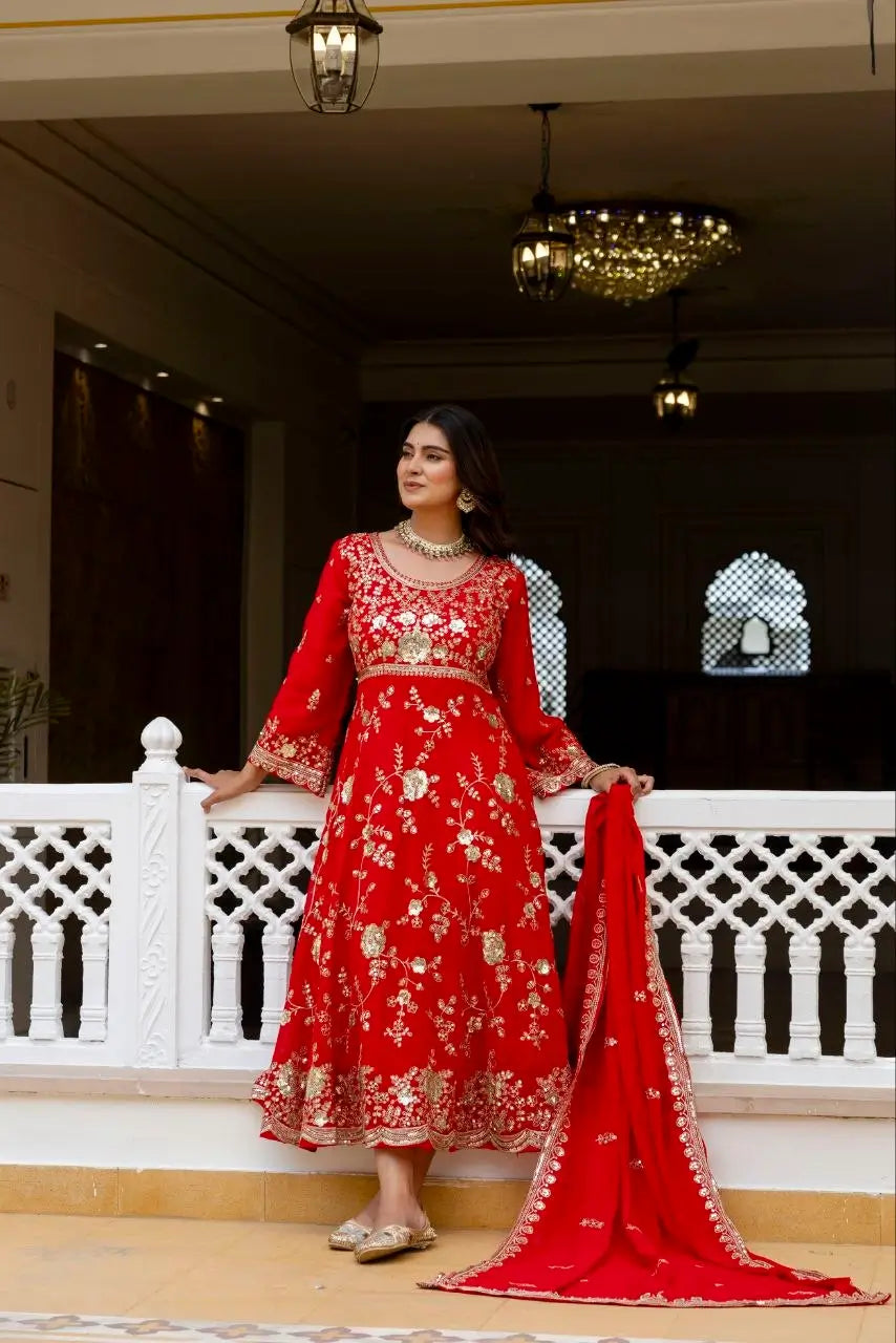 Red Sequin Floral Anarkali