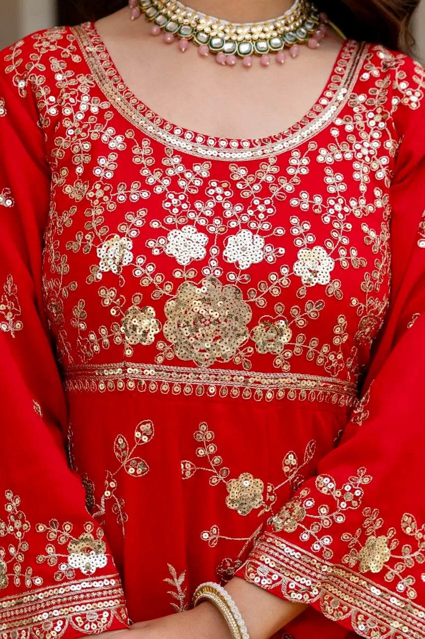Red Sequin Floral Anarkali
