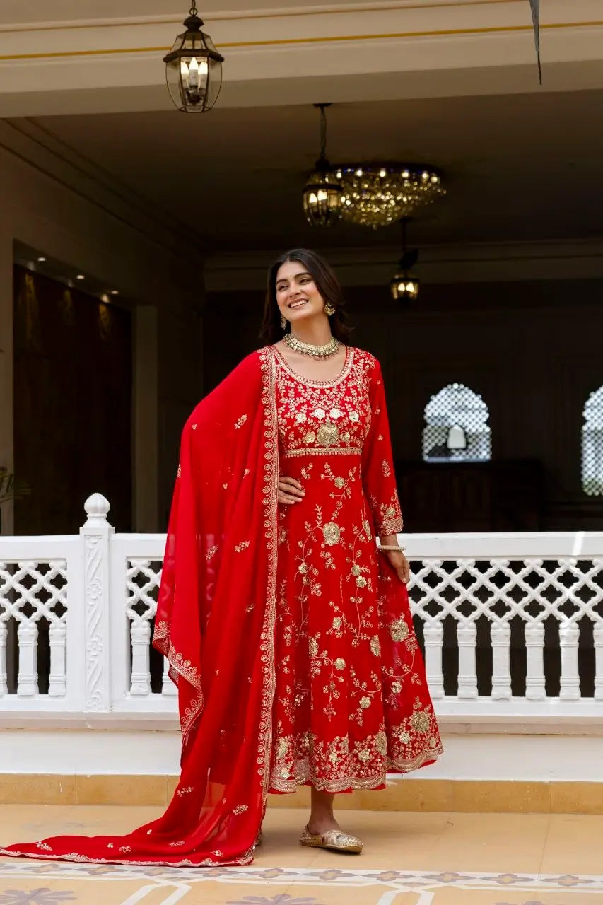 Red Sequin Floral Anarkali