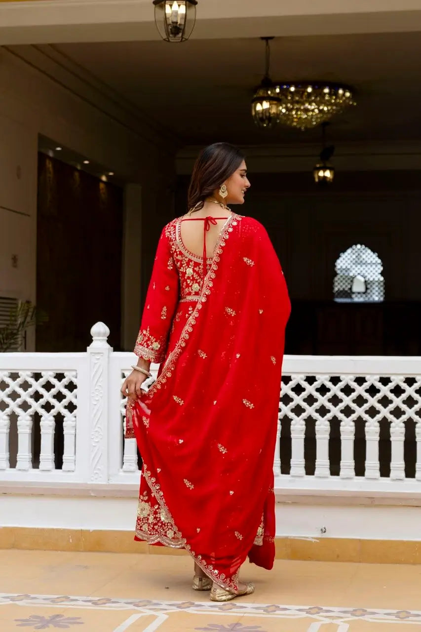 Red Sequin Floral Anarkali