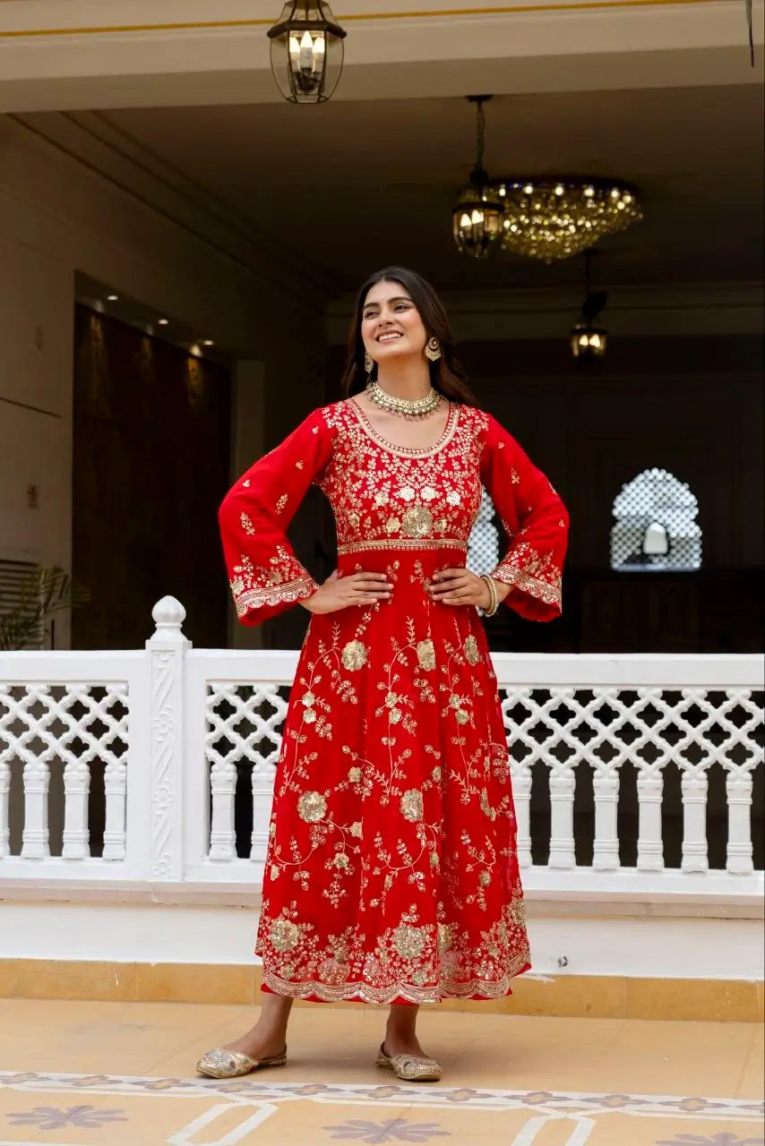 Red Sequin Floral Anarkali