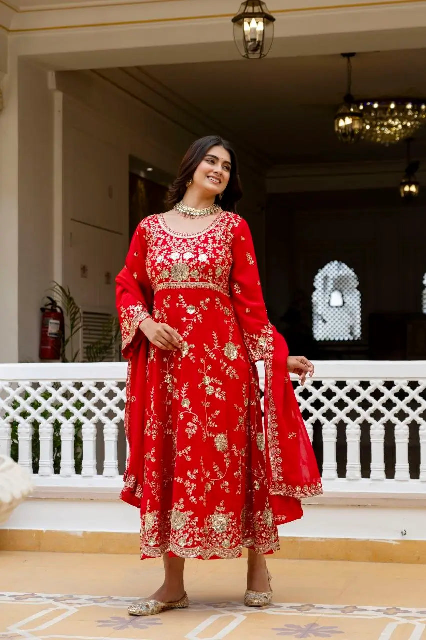 Red Sequin Floral Anarkali