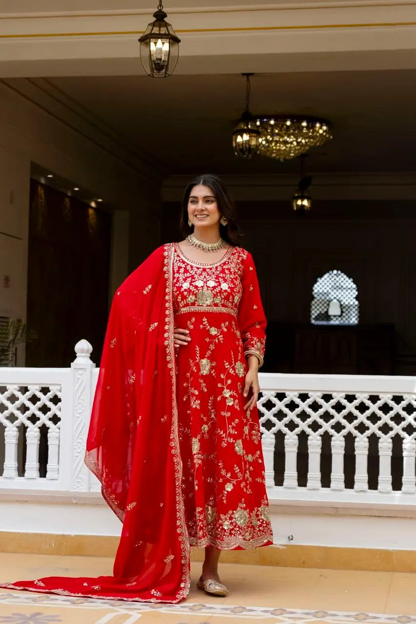 Red Sequin Floral Anarkali