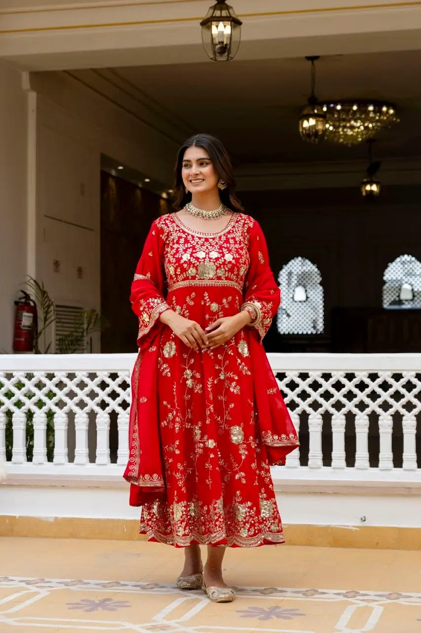 Red Sequin Floral Anarkali