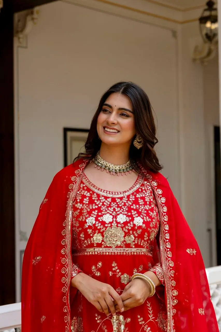 Red Sequin Floral Anarkali