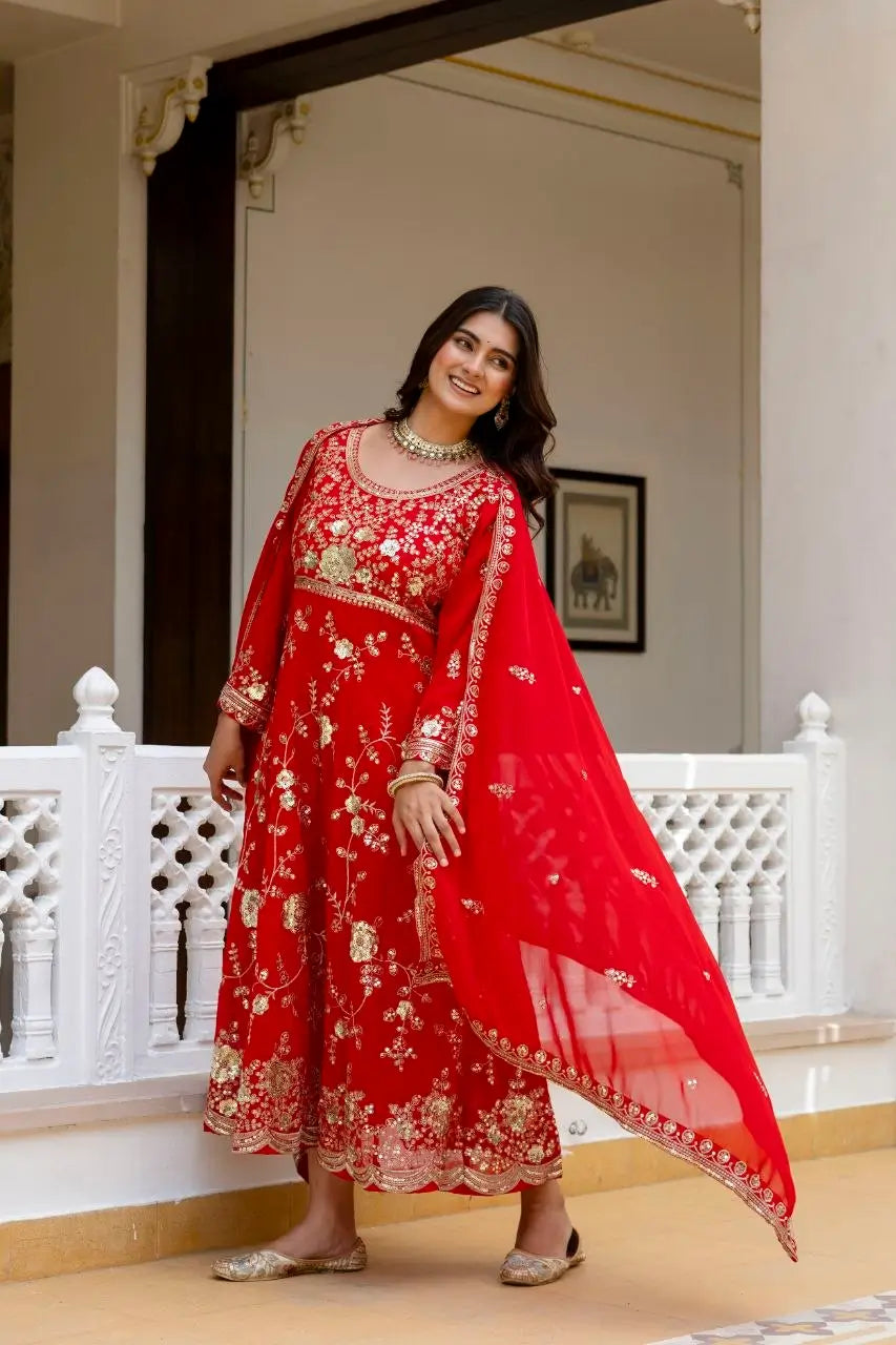 Red Sequin Floral Anarkali