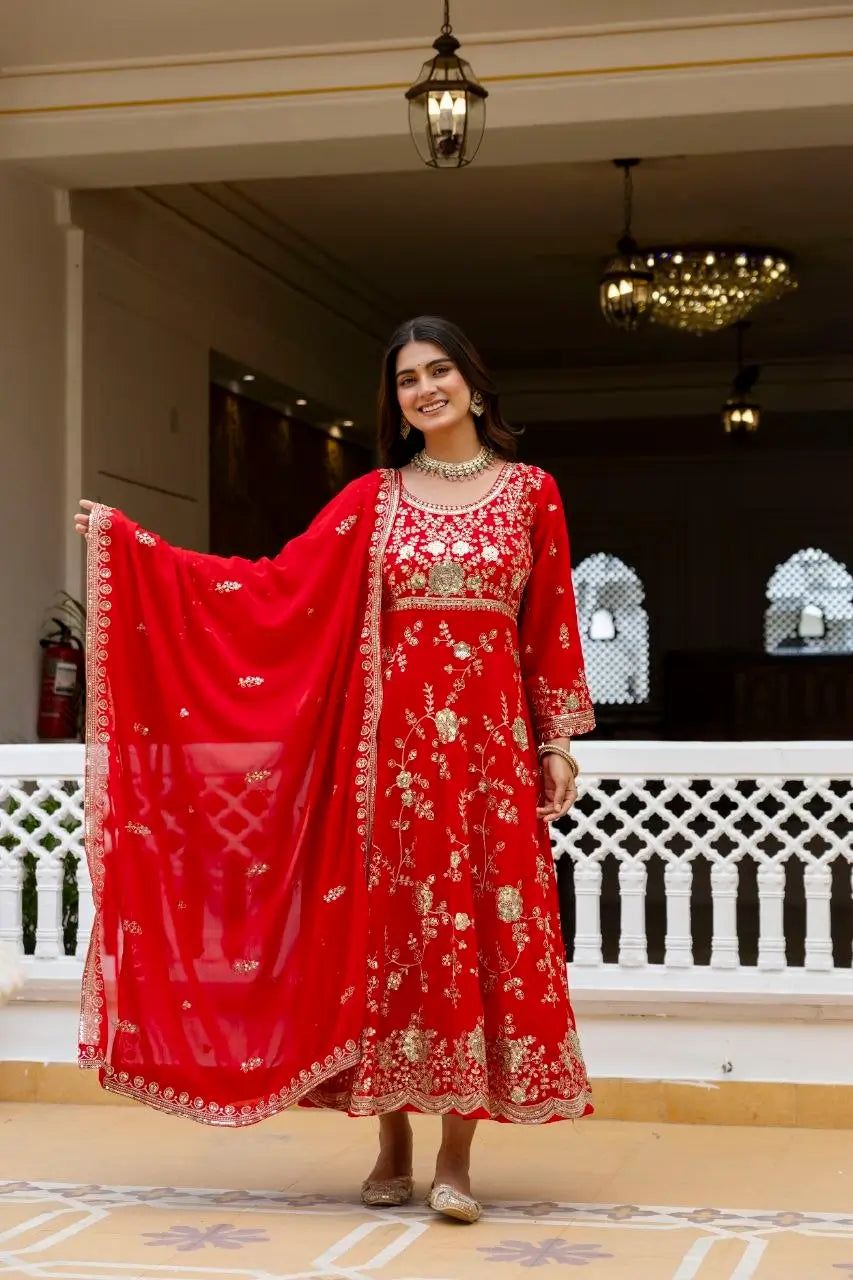 Red Sequin Floral Anarkali