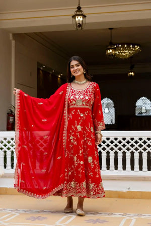 Red Sequin Floral Anarkali