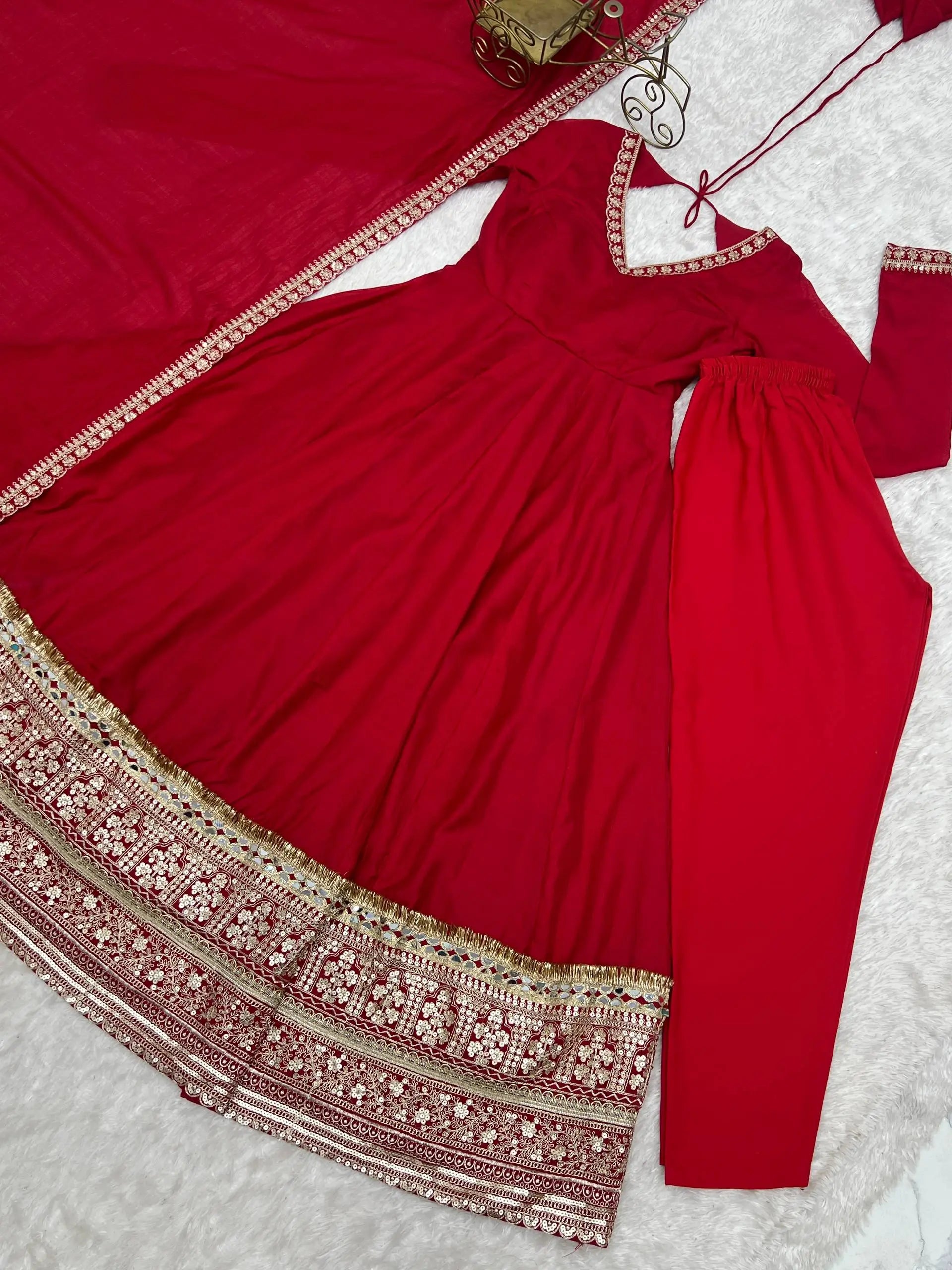 Red Vichitra Silk Anarkali Gown