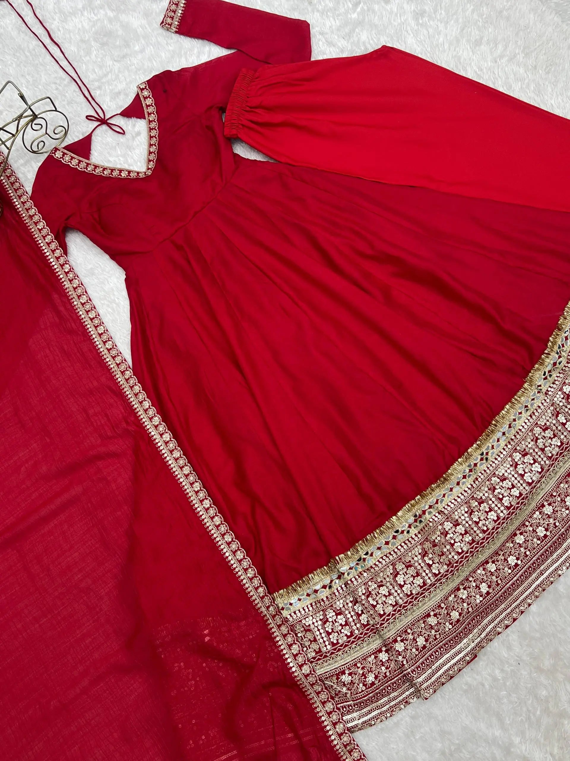 Red Vichitra Silk Anarkali Gown