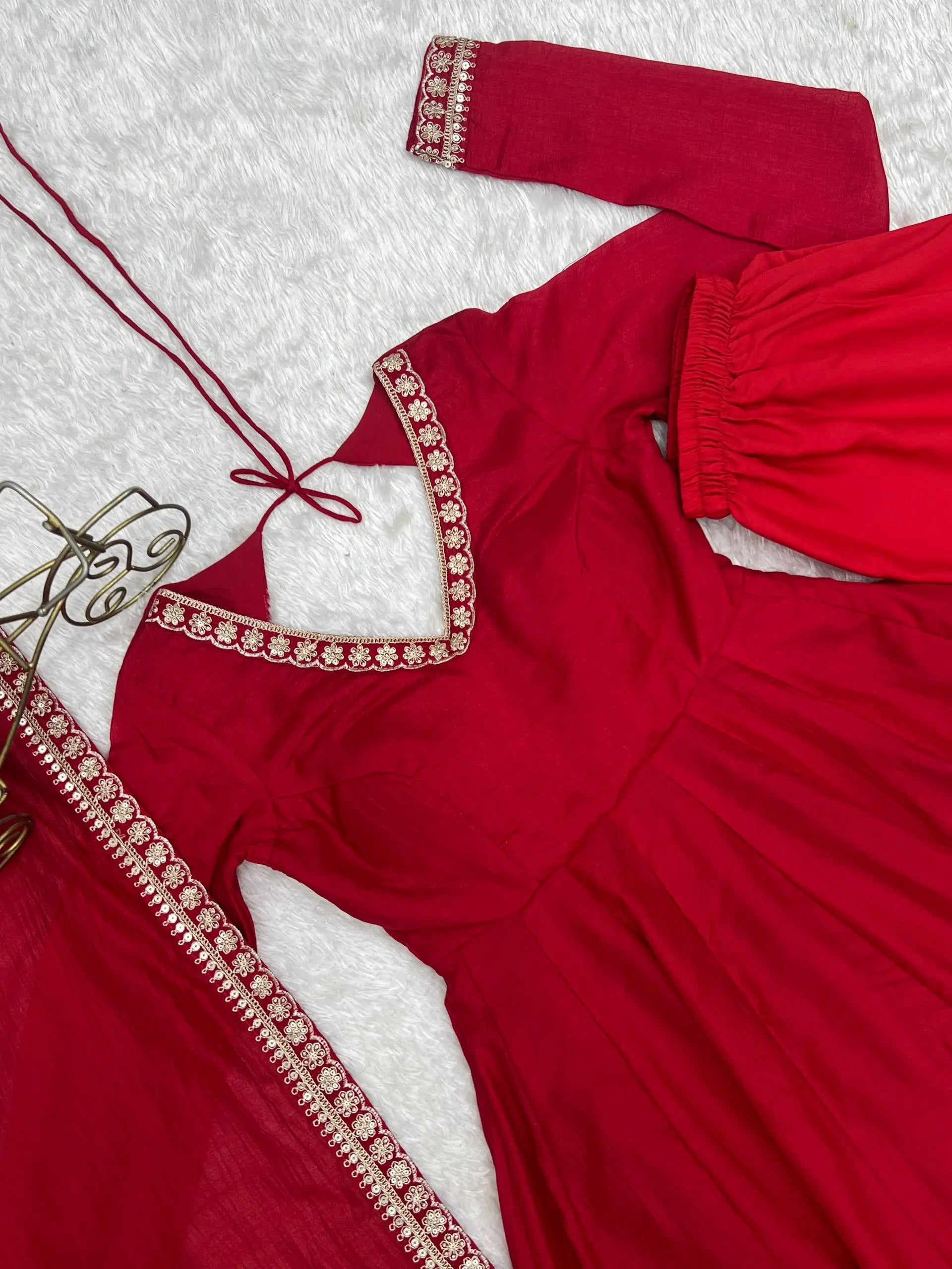 Red Vichitra Silk Anarkali Gown