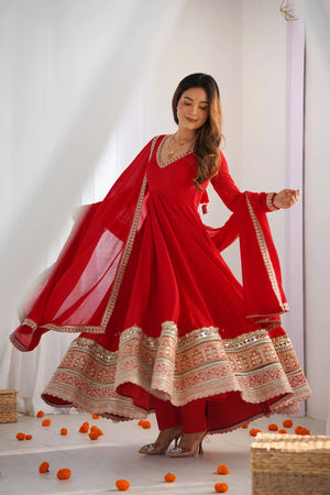 Red Vichitra Silk Anarkali Gown