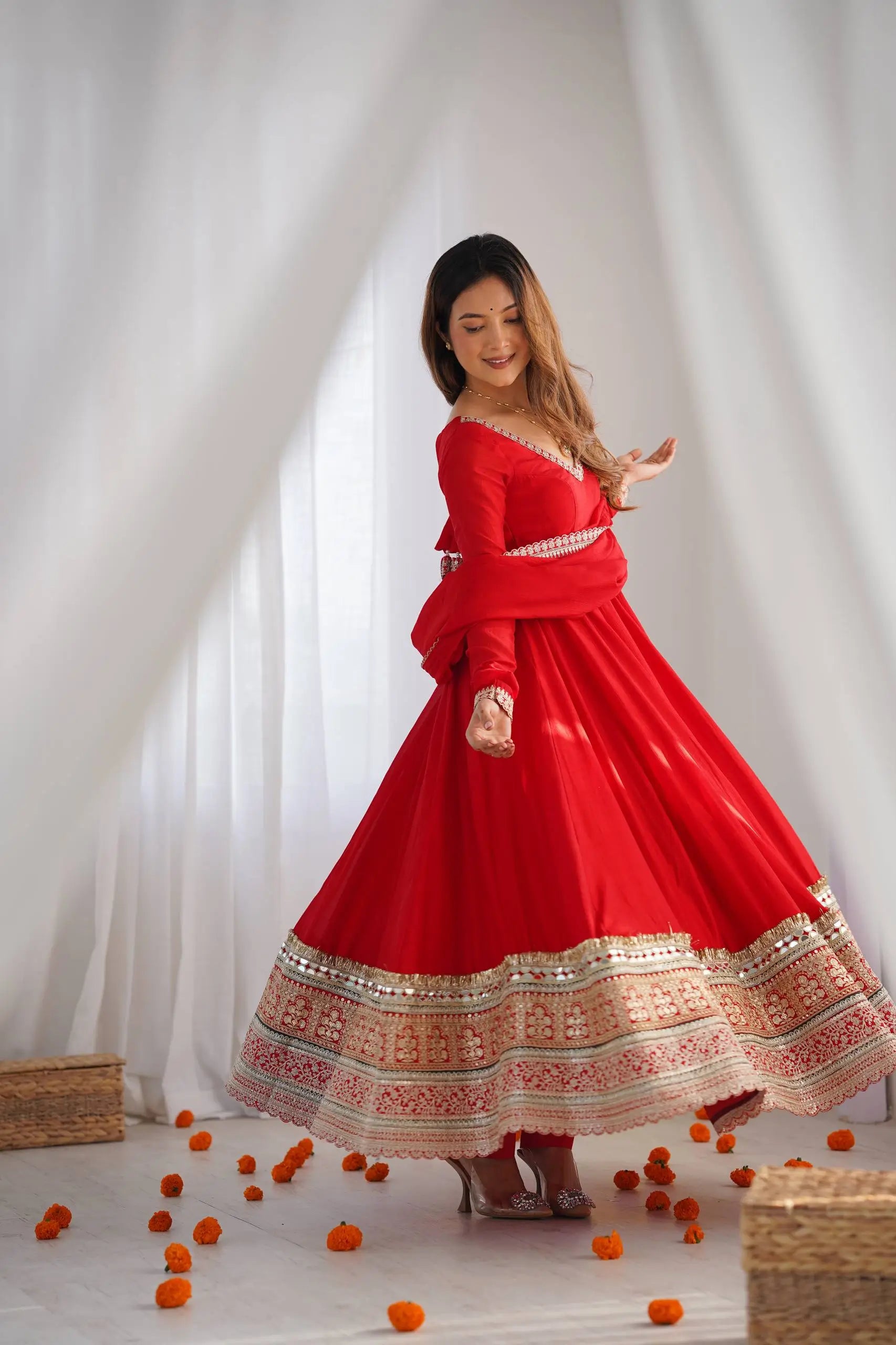 Red Vichitra Silk Anarkali Gown