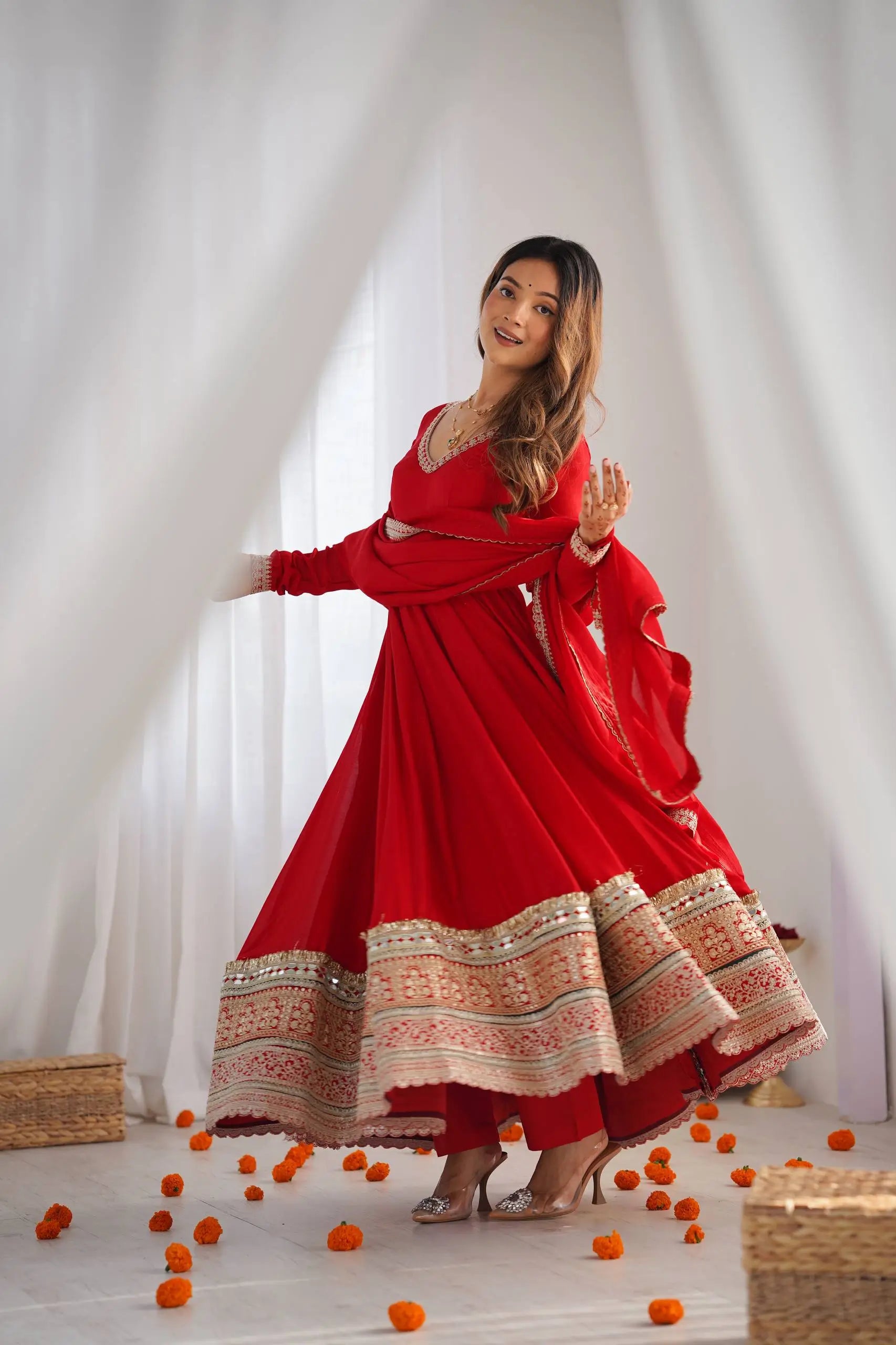Red Vichitra Silk Anarkali Gown