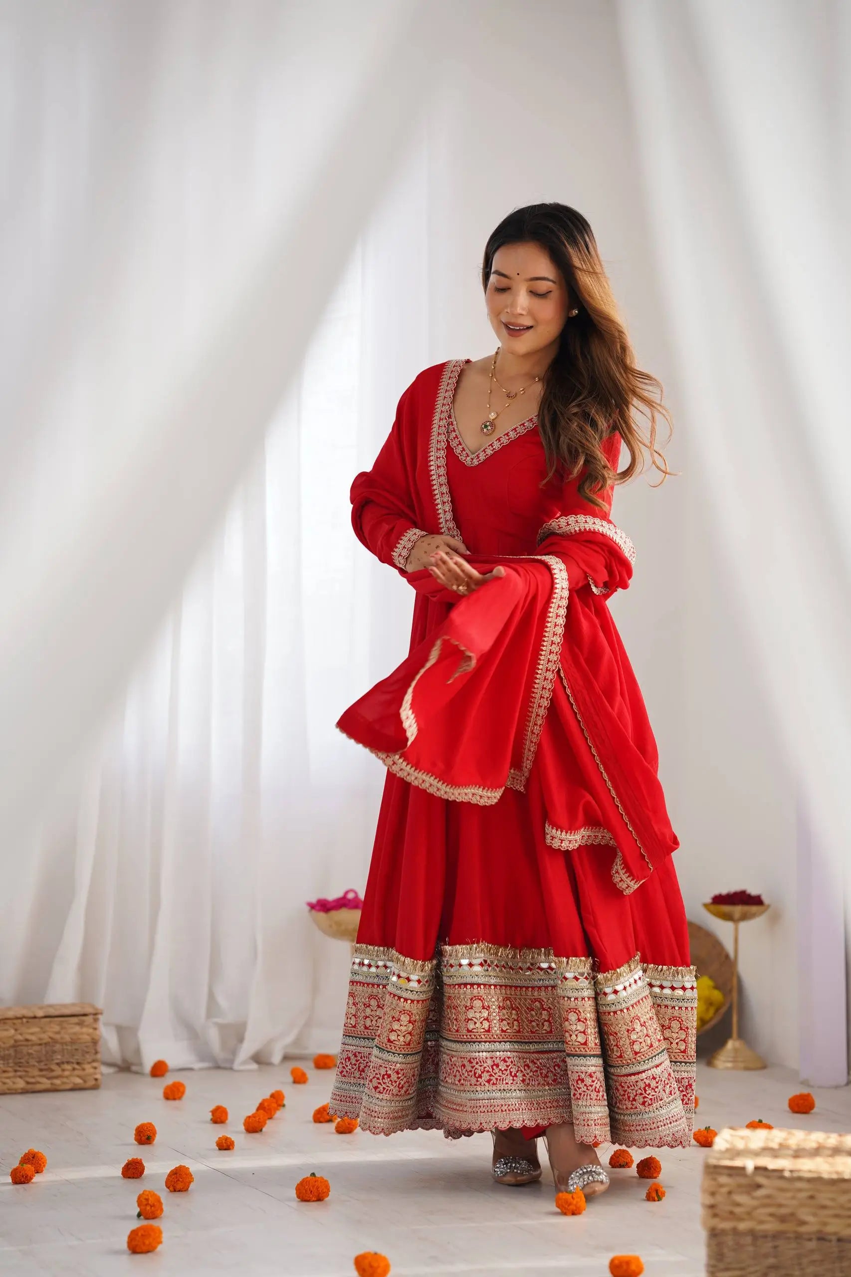 Red Vichitra Silk Anarkali Gown