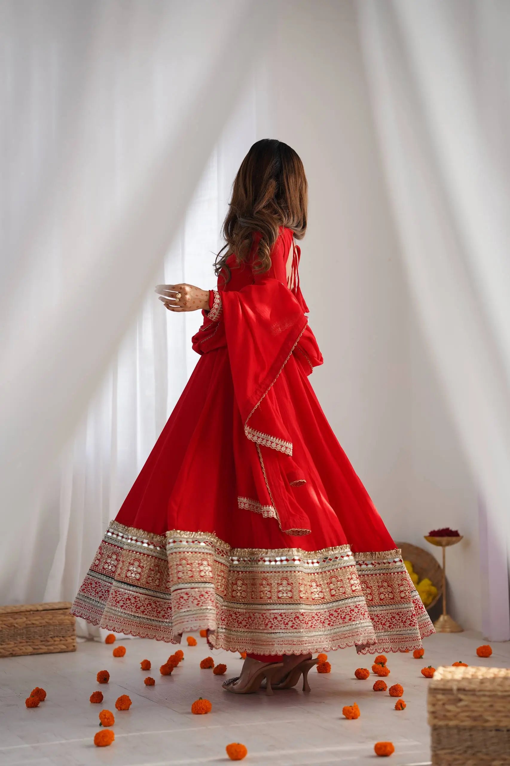 Red Vichitra Silk Anarkali Gown