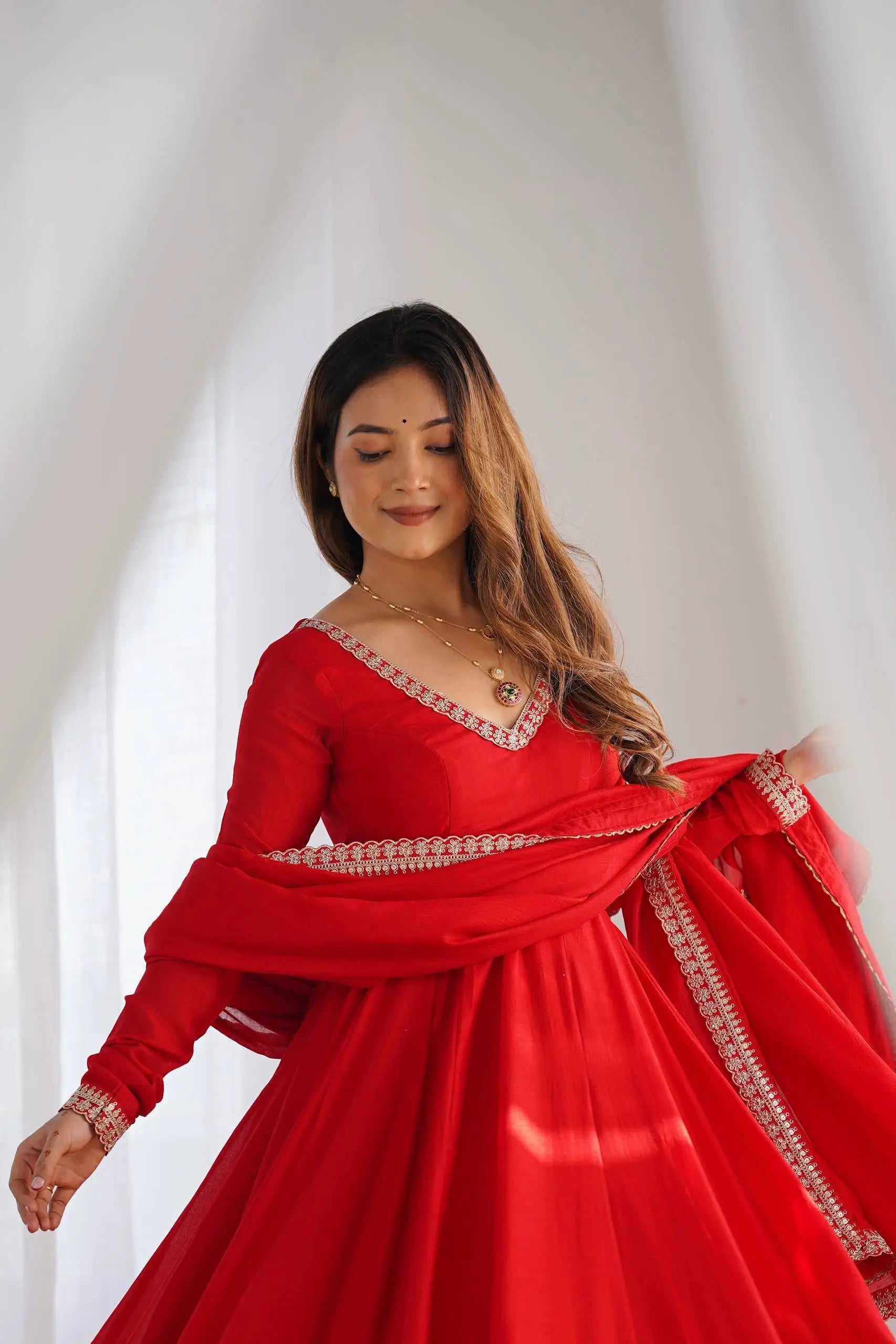 Red Vichitra Silk Anarkali Gown