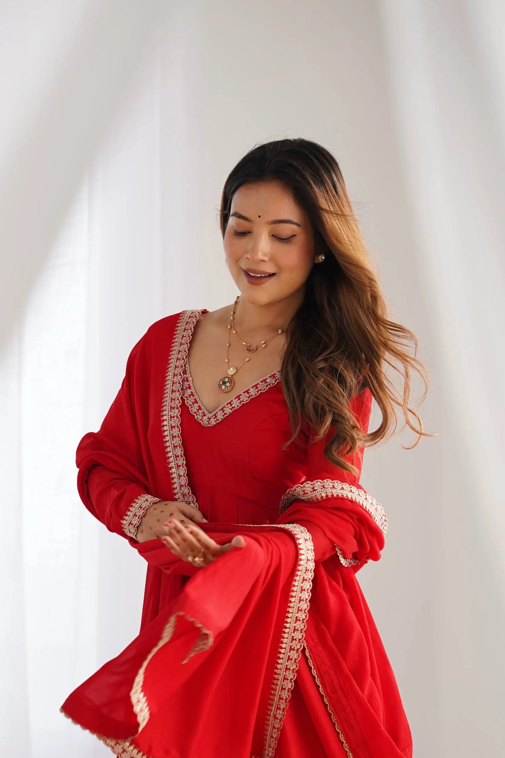 Red Vichitra Silk Anarkali Gown