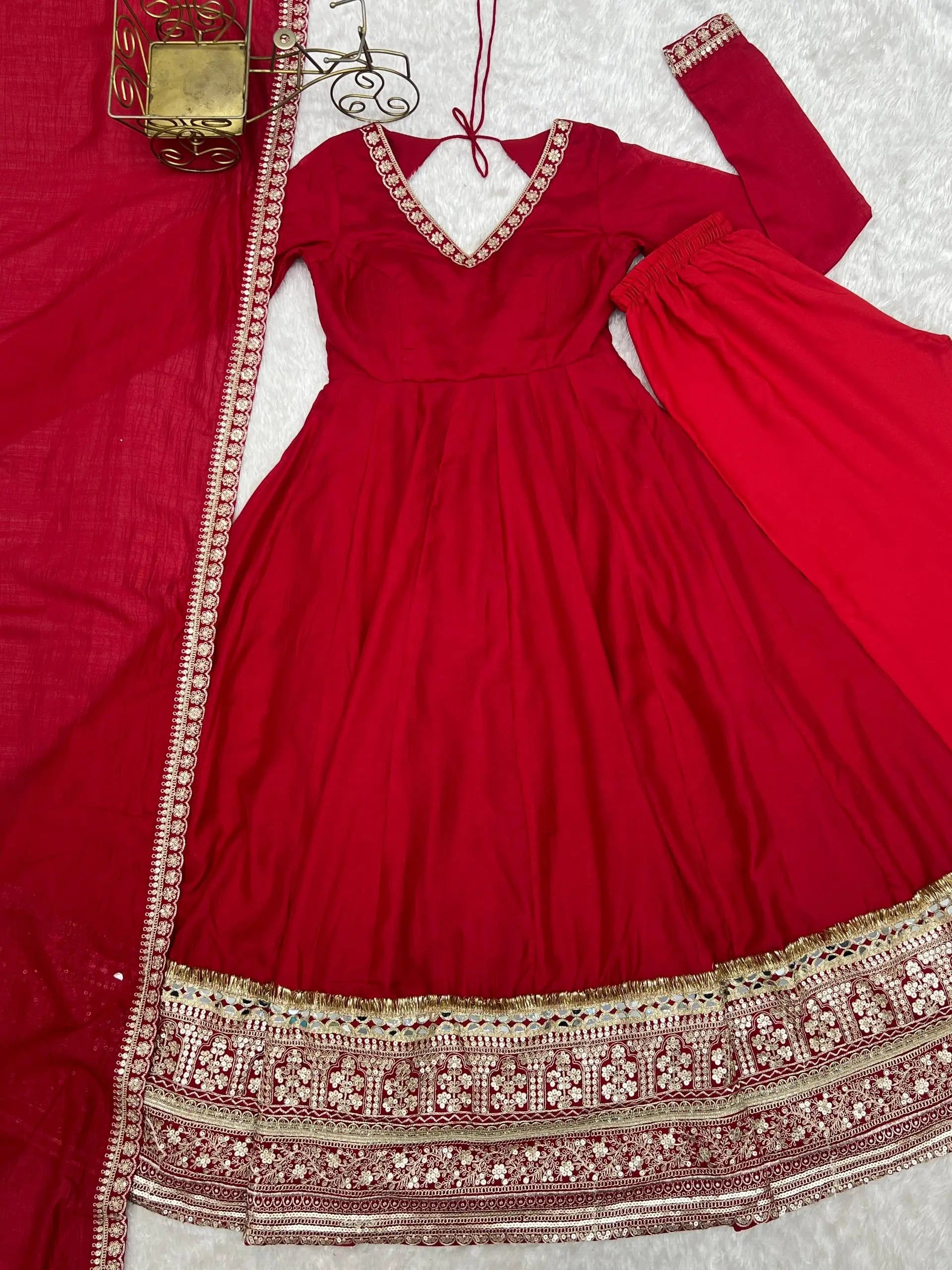 Red Vichitra Silk Anarkali Gown