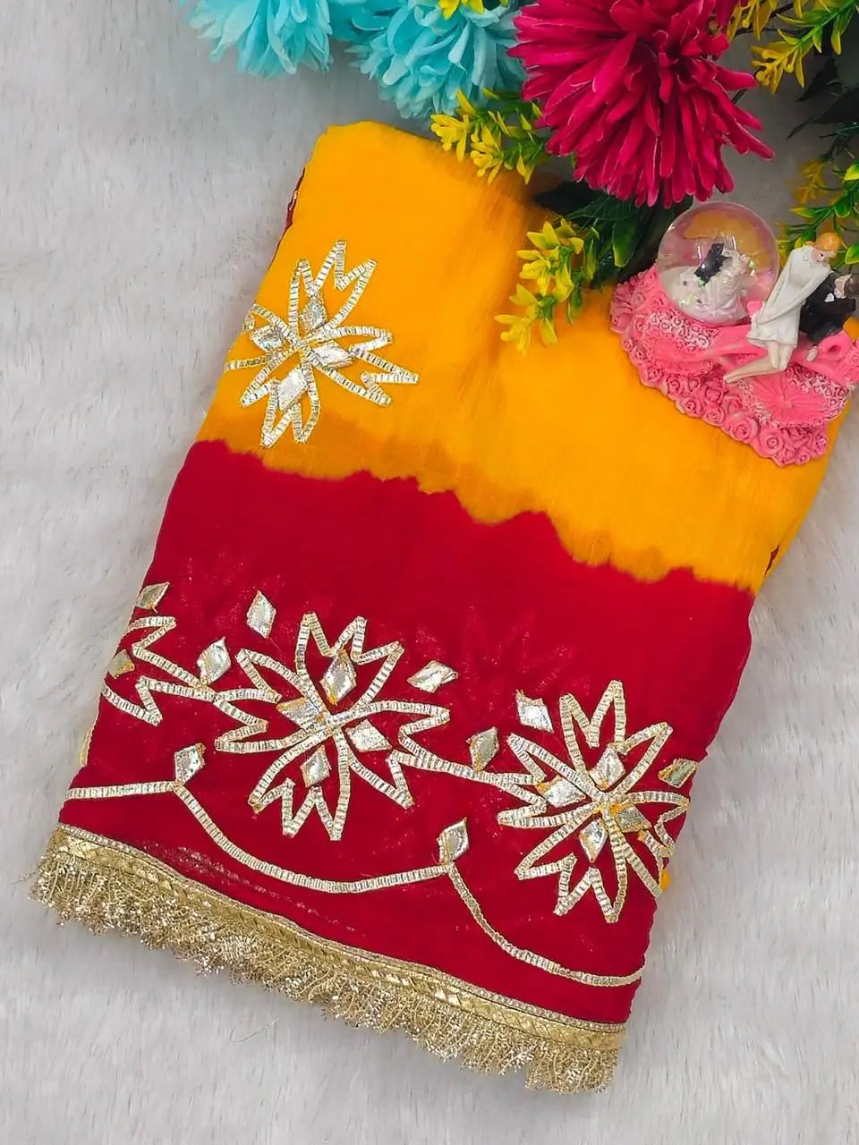 Red & Yellow Pure Chiffon Saree with Original Kachhi Gotta patti Work