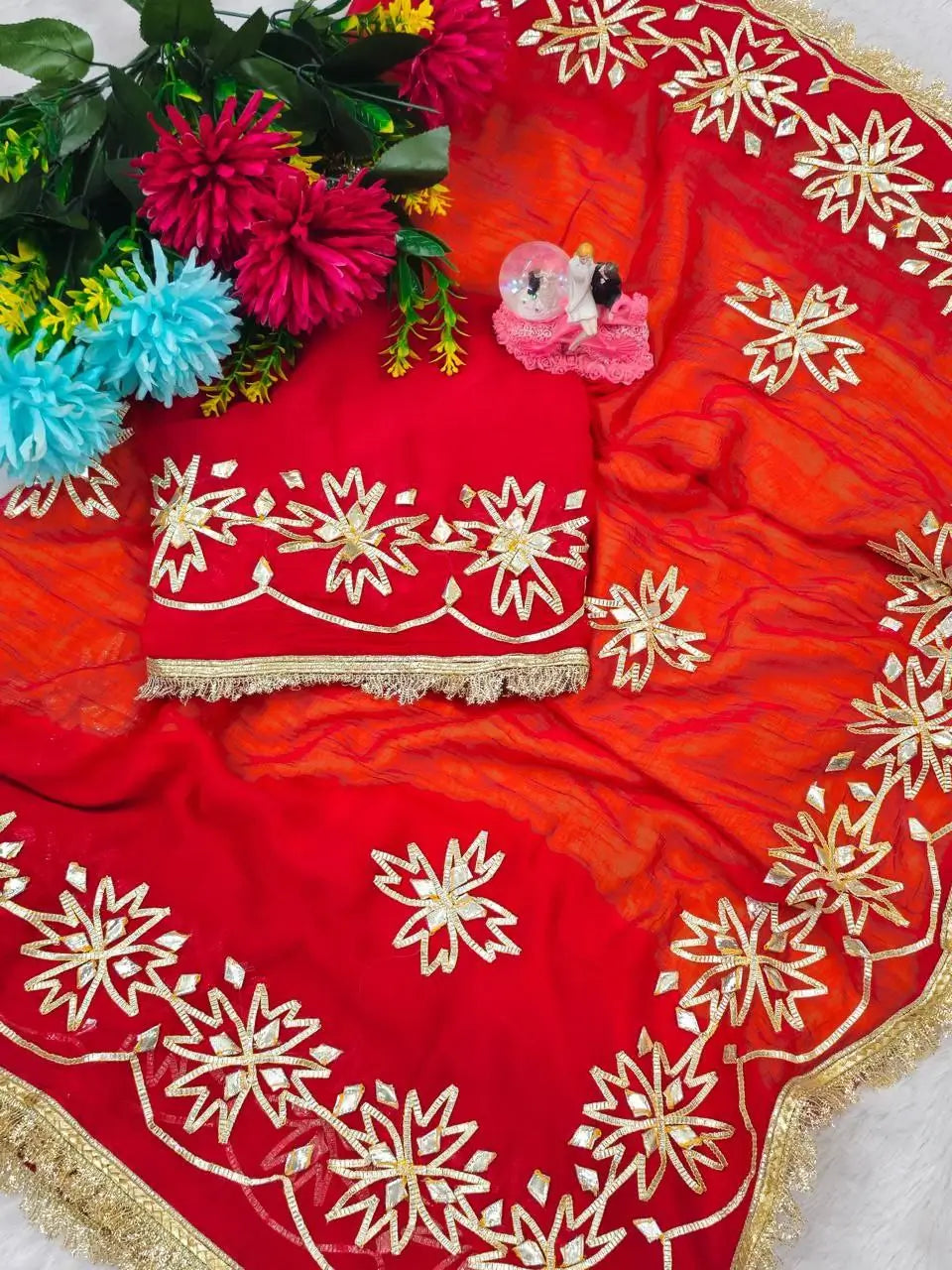Red & Yellow Pure Chiffon Saree with Original Kachhi Gotta patti Work