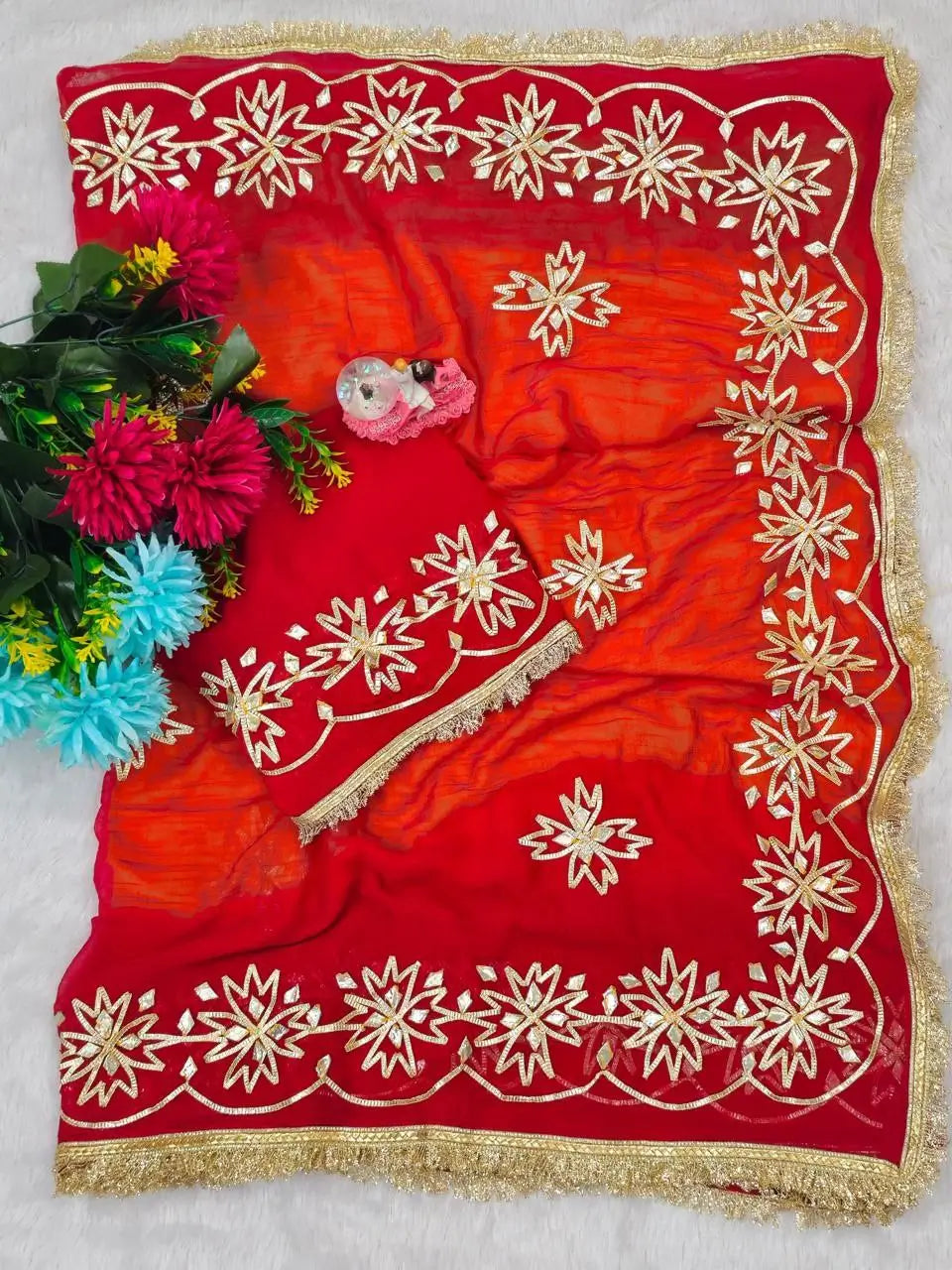 Red & Yellow Pure Chiffon Saree with Original Kachhi Gotta patti Work