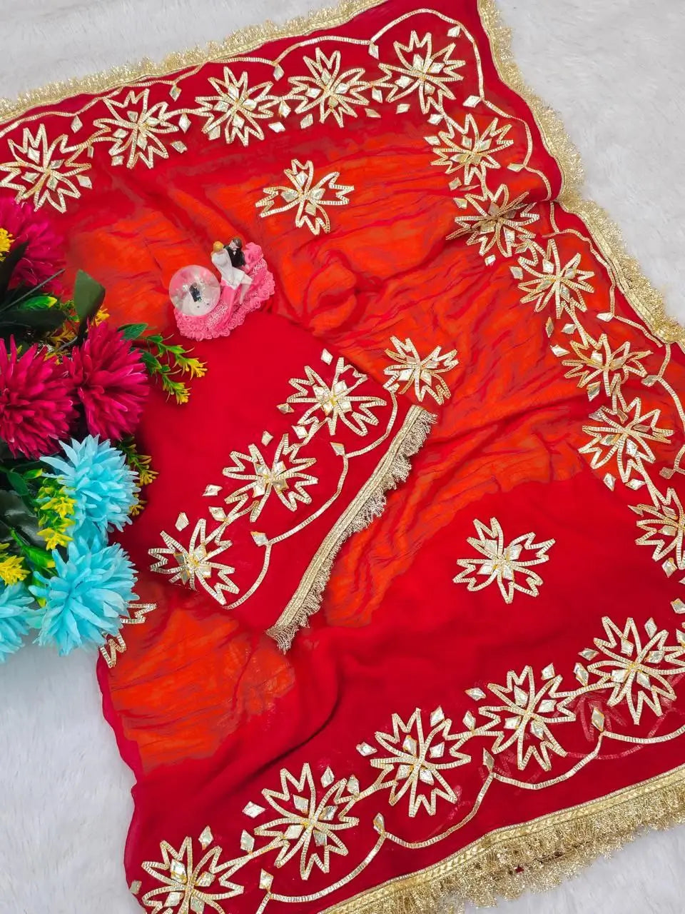 Red & Yellow Pure Chiffon Saree with Original Kachhi Gotta patti Work