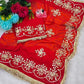 Red & Yellow Pure Chiffon Saree with Original Kachhi Gotta patti Work