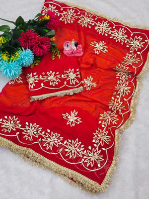 Red & Yellow Pure Chiffon Saree with Original Kachhi Gotta patti Work